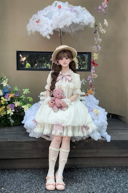 【9月19日予約締切】Pink x Beige / Dark Blue x Beige Doll Style Sweet Lolita Bow Lace Puff Sleeve Dress + Dress Set + Full Set