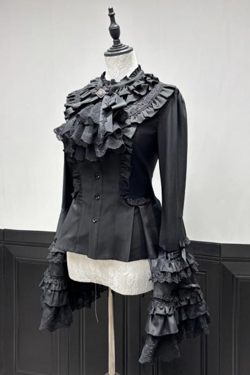 【9月28日予約締切】White/Black Gothic Lolita Lace Frill Bell Sleeve Shirt + Rose Lace Bow Jabot