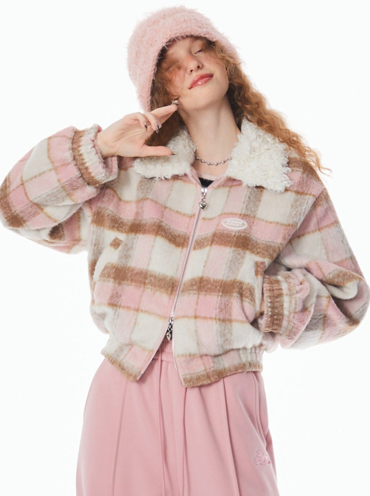 Pink Check Bore Color Short Jacket