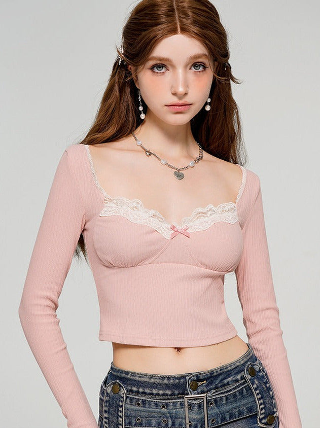 Pink Lace Slim Pure Knit Top