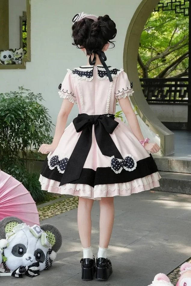 [Pre-order Deadline: October 25] Pink/Green Chinoiserie Lolita Sweet Panda Appliqué Puff Sleeve Polka Dot Bow Apron Dress