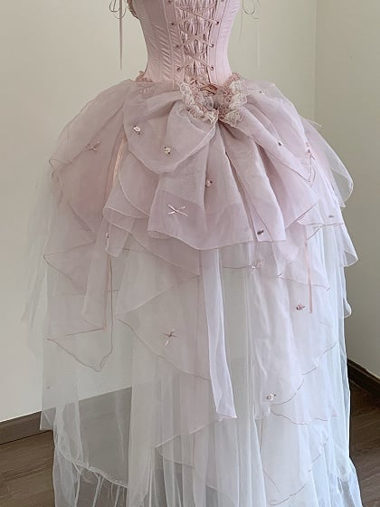 [Pre-order] Pink Ballet Lolita Lace Ribbon Bustier Corset Top + Pull-Up Tulle Tiered Skirt Set + Back Ribbon Train