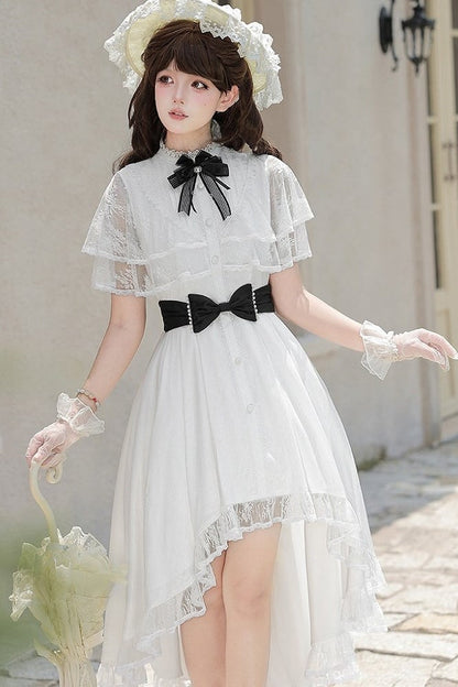 【10月8日予約締切】White Classic Lolita Black Bow High-Low Dress(Sheer lace hem version / Plain satin frill hem version)