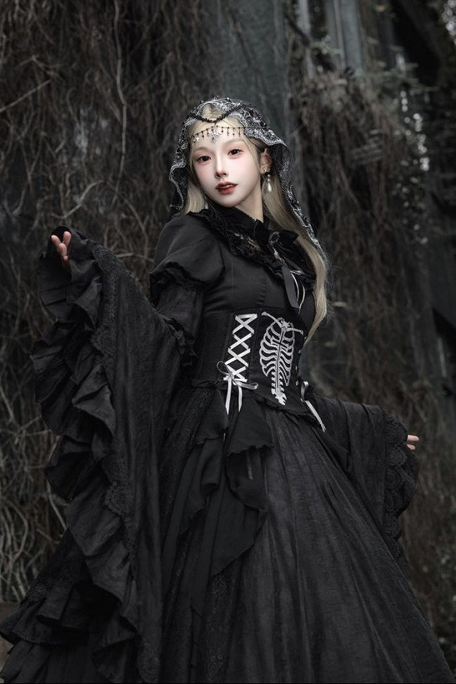 【11月2日予約締切】Born Nocturne Black Gothic Puff Sleeve Lace Layered Long Dress (with Bow Tie) + Embroidered Corset Belt + Detachable Oversized Bell Sleeves