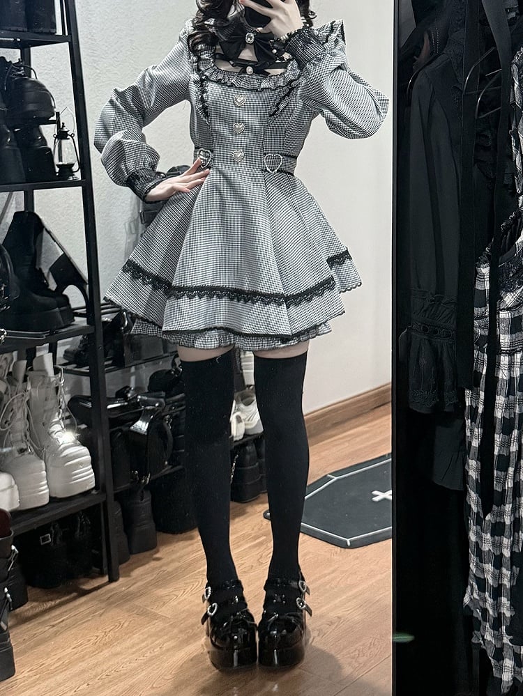 【12月18日予約締切】ジュエルリボンカラーレースチェックホワイトブラックドレスセットアップ