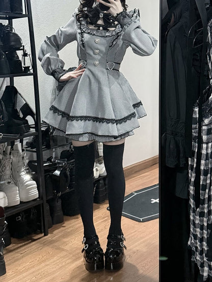 【12月18日予約締切】ジュエルリボンカラーレースチェックホワイトブラックドレスセットアップ