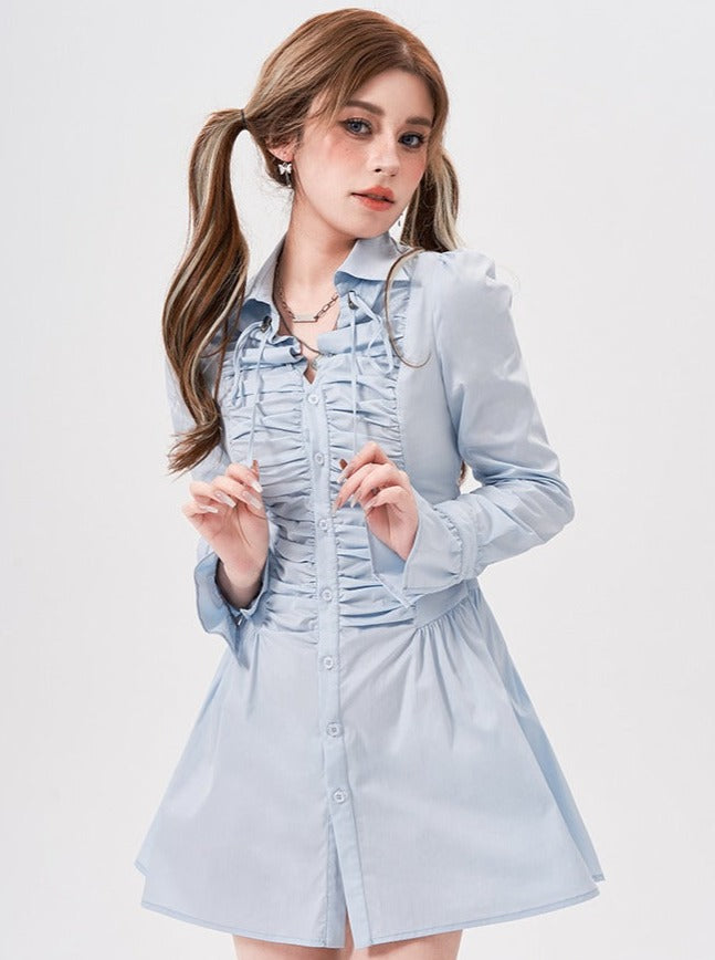 Voluminous Frilled Pleated Shirt Dress