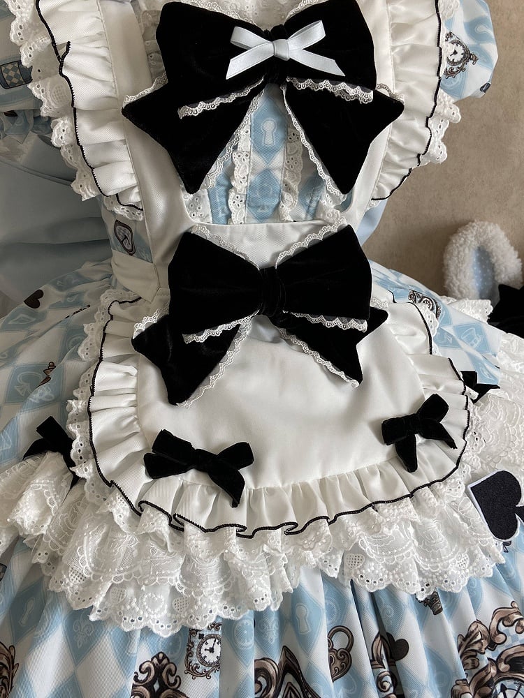 [Reservierungsschluss 30. Juni] Blau-weißes Alice-im-Wunderland Sweet-Lolita-Schleifen-Schürzen-OP-Kleid + Komplettset 1/2