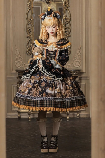[Reservierungsschluss 8. September] Classic Bear Lolita-Stufenkleid mit weißem Kragen, Karomuster, Spitze und Schleife+Vintage-JSK-Kleid mit Teddybär-Print und Spitze+Vintage-Lolita-Kleid mit Teddybär-Print, Karokragen und klassischem Karomuster