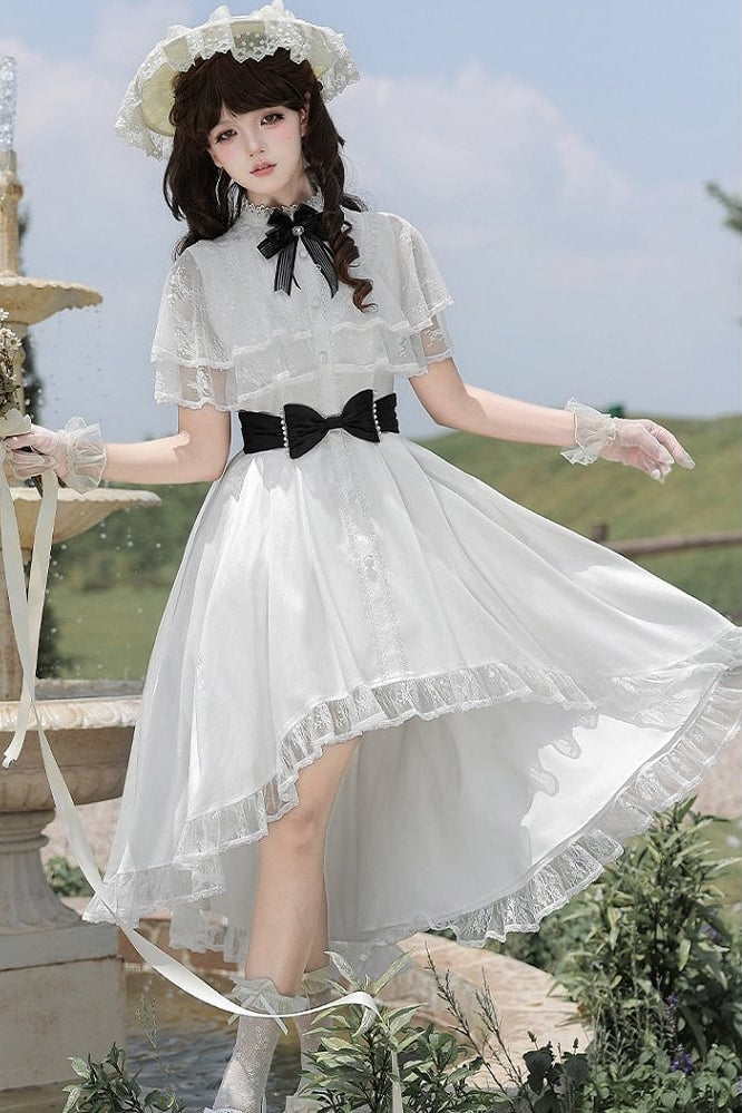 【10月8日予約締切】White Classic Lolita Black Bow High-Low Dress(Sheer lace hem version / Plain satin frill hem version)