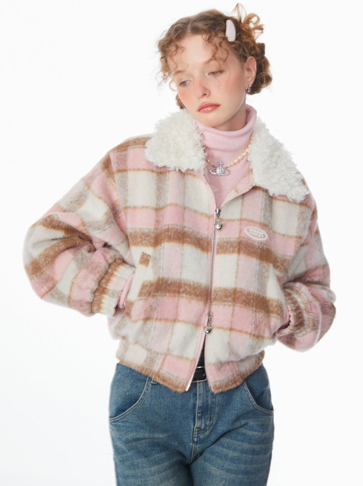 Pink Check Bore Color Short Jacket