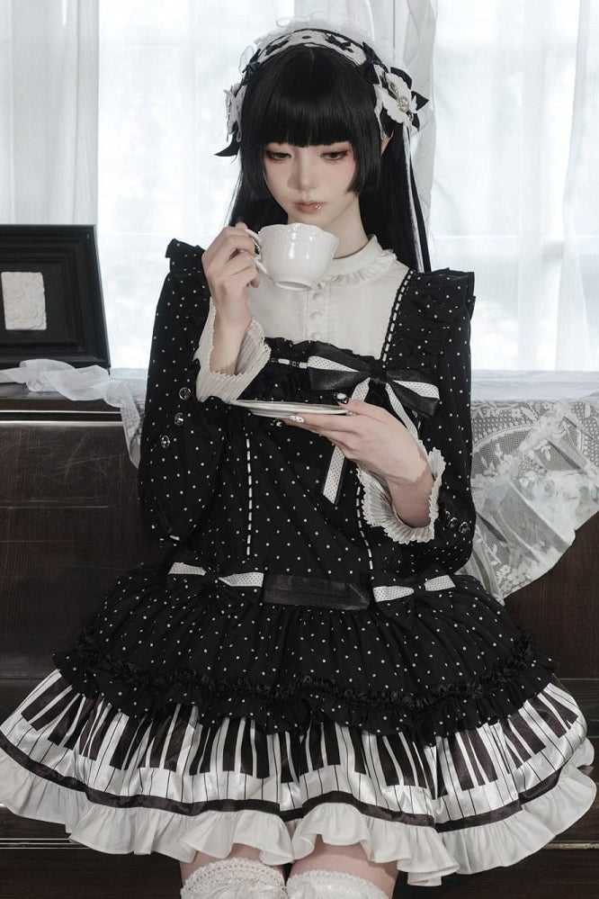 [Date limite de réservation : 22 octobre] Robe de poupée taille basse gothique Lolita à pois/noire avec touches de piano, nœud à volants