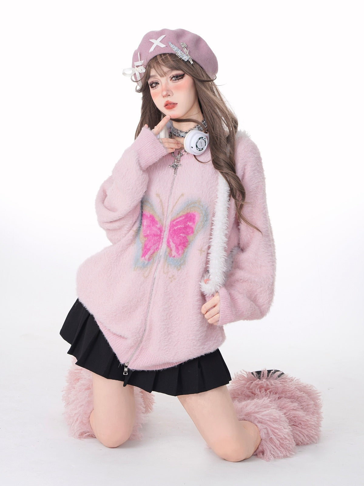 Butterfly Loose Zip Fur Knit