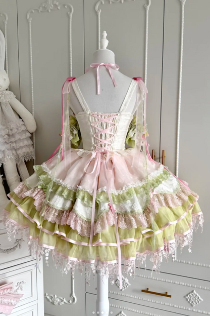 [Clôture des réservations le 10/8] Robe lolita corset à volants en dentelle florale rose x vert doux + ensemble complet (coiffe couronne florale avec voile + manches amovibles)