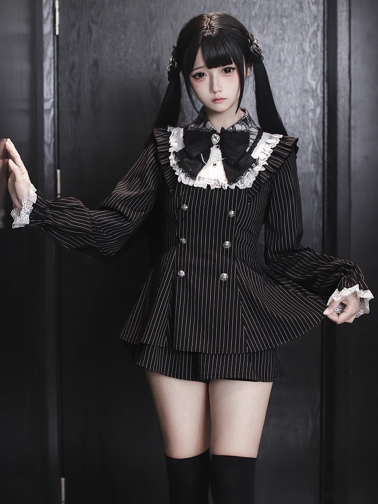 【12月15日予約締切】ダークゴシックレースダブルブレストストライプスーツセット＋ヘアアクセサリー