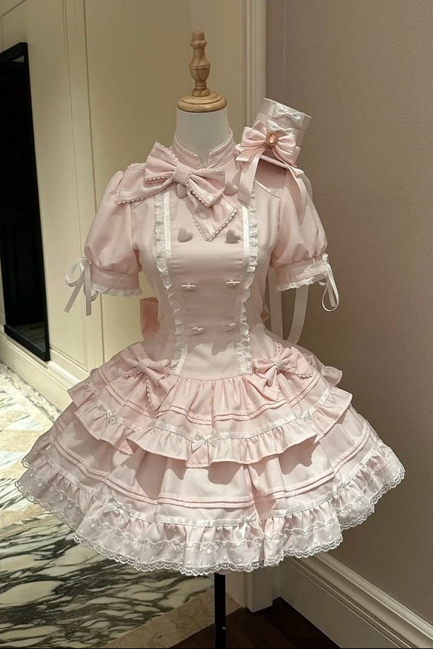 【10月23日予約締切】Pink Sweet Lolita Puff Sleeve Bow Frill Dress＋Full Set (with Hat and Wrist Cuffs)