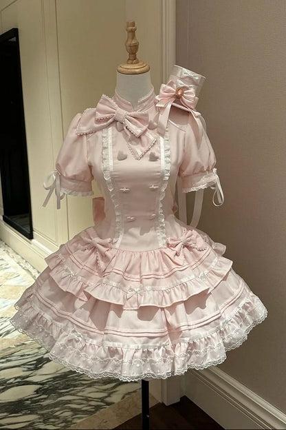 【10月23日予約締切】Pink Sweet Lolita Puff Sleeve Bow Frill Dress＋Full Set (with Hat and Wrist Cuffs)