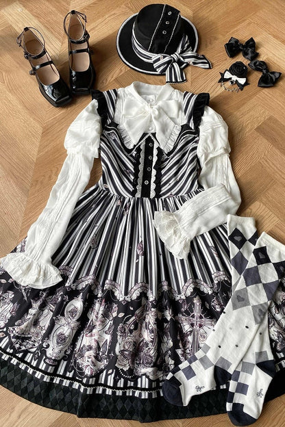 【10月3日予約締切】Black/White Elegant Gothic Lace Puff Sleeve Shirt with Detachable Sleeves and Bow Tie