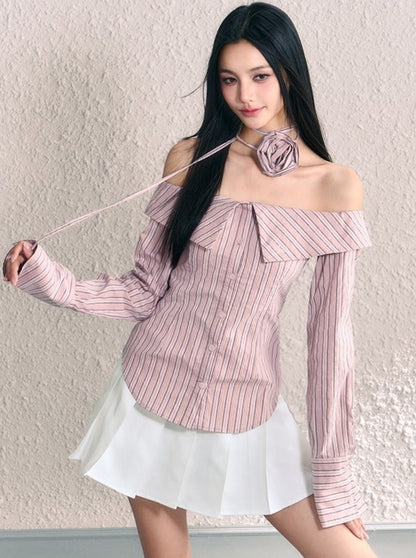 Striped neck flower design off-the-shoulder shirt