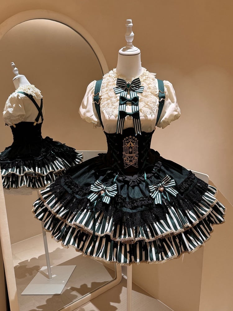 [Pre-order Deadline: May 20] Magical Girl Lolita Elegant Lace Puff Sleeve Shirt + Black x Green Ribbon Corset Tiered Dress + Mini Hat