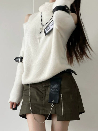 Velvet Faux Fur Soft Off-Shoulder Leather Belt Knit Sweater [Short/Long