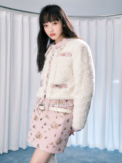 Small Fragrance Sweet Flower Fur Jacket + Tight Mini Skirt + Tight Long Skirt