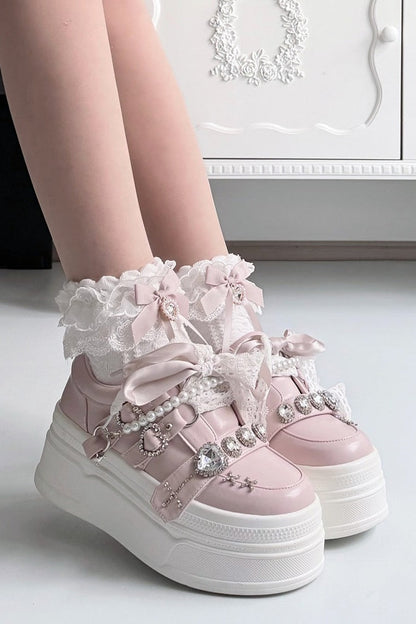 【10月6日予約締切】White/Pink/Black Rhinestone Buckle Lace Cross Charm Ribbon Chunky Sneakers