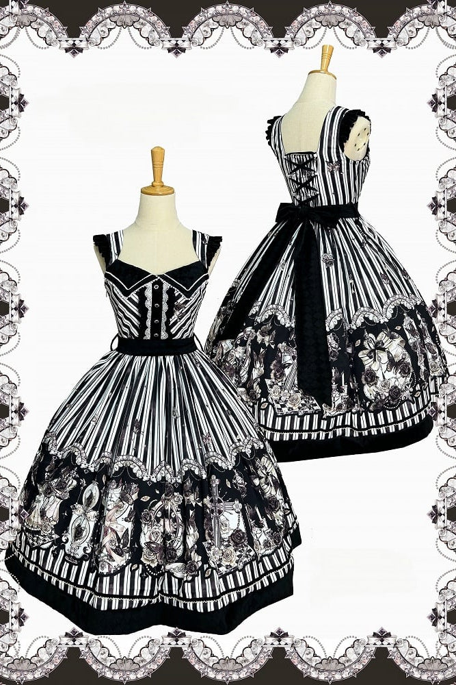 【10月3日予約締切】Black White Striped Gothic Rose Print JKS Dress(Short/Long)+ Low-Waist Square Neck Lace-Up JKS Dress