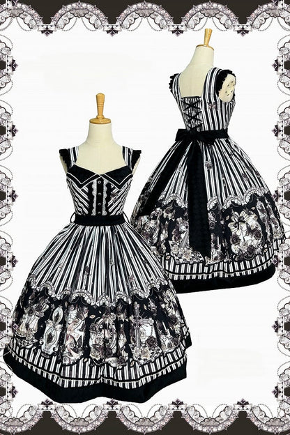 【10月3日予約締切】Black White Striped Gothic Rose Print JKS Dress(Short/Long)+ Low-Waist Square Neck Lace-Up JKS Dress