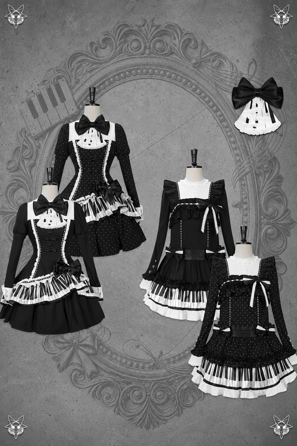 [Reservierungsschluss 22. Oktober] Schwarz gepunktetes Gothic-Lolita-Rüschenkleid mit asymmetrischem Design, Klaviertasten- und Musiknotenmotiv sowie Klaviertasten-Spitzenfliege