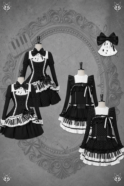 [Reservierungsschluss 22. Oktober] Schwarz gepunktetes Gothic-Lolita-Rüschenkleid mit asymmetrischem Design, Klaviertasten- und Musiknotenmotiv sowie Klaviertasten-Spitzenfliege
