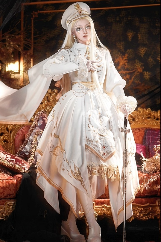 [Pre-order Deadline: November 16] Holy Army White Gold Embroidery Military Uniform Cape Dress Complete Set + Dress Set