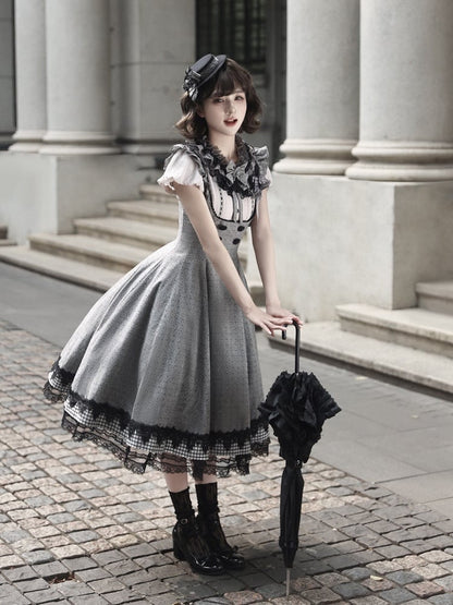 [Pre-order Deadline: May 19] Gray-Black Classic Lolita Top, JSK One-Piece & Bow Tie 3-Piece Ensemble