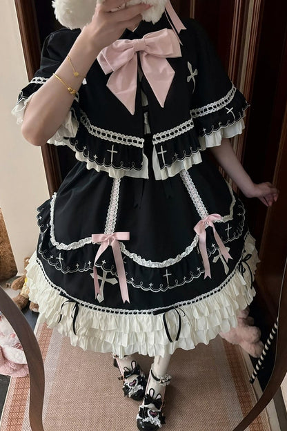 【10月4日予約締切】Black Pink Gothic-Inspired Sweet Lolita Ribbon Ruffle Dress＋Cross Embroidery Ribbon Cape