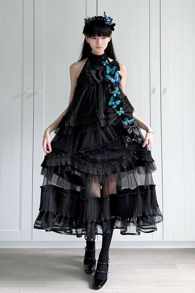 [Pre-order Deadline: October 14] Black/White Gothic Lolita Blue Butterfly Bow Tulle Ruffle Layered Halter Dress