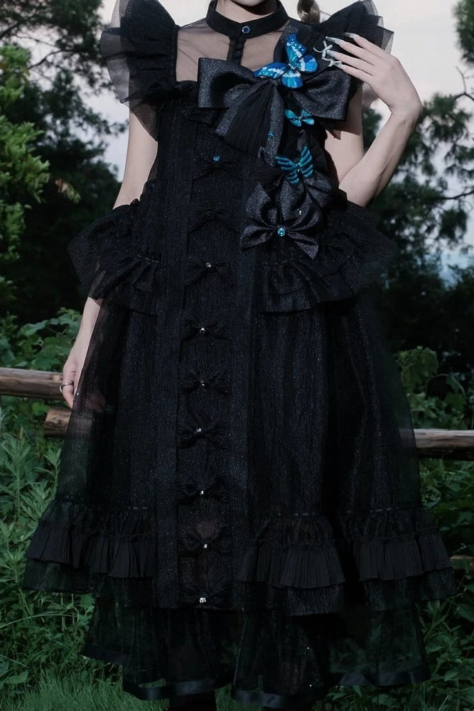 [Vorbestellfrist: 1014] Schwarz/weißes Gothic-Lolita-Set aus Puppenkleid mit Schmetterlingsschleife, Bandkragen und Flatterärmeln + Puppenkleid mit eckigem Ausschnitt und Flatterärmeln