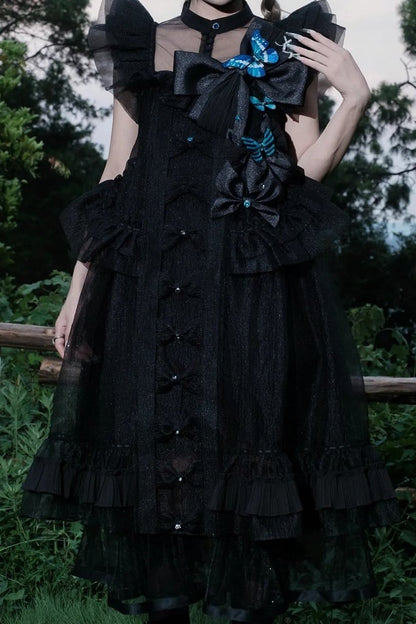 [Vorbestellfrist: 1014] Schwarz/weißes Gothic-Lolita-Set aus Puppenkleid mit Schmetterlingsschleife, Bandkragen und Flatterärmeln + Puppenkleid mit eckigem Ausschnitt und Flatterärmeln