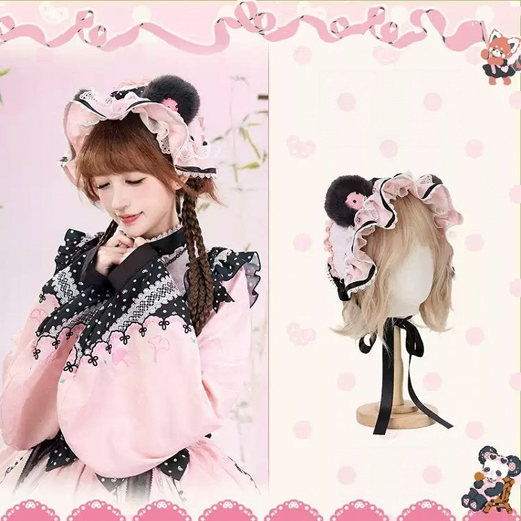 [Reservierungsschluss am 1025] Pink/Grüne Chinoiserie-Lolita-Sweet-Panda-Serie Accessoires (Teetassen-inspirierter Minihut, Pandaohren-Haube, Pandaohren-KC, Pandaohren-Barett, Haarclip, Halskette, Handtasche, Quastenbrosche, Socken)