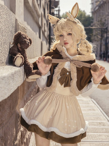 Brown Fur Cape + Fur Suspender Skirt + Leg Warmers