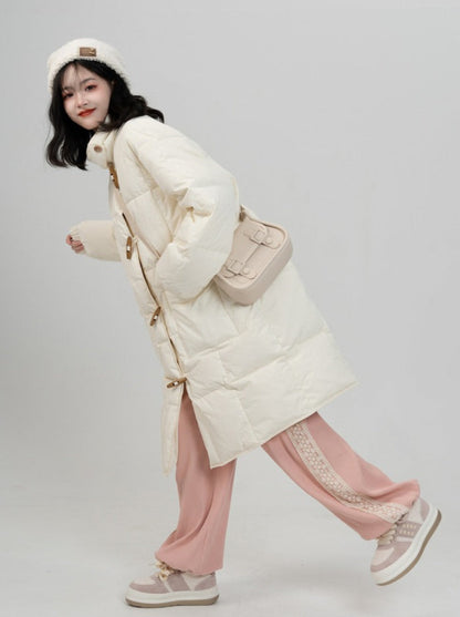 Horn Button Stand Collar Long Duck Down Coat