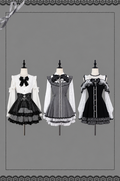 [Pre-order Deadline: November 15] Houndstooth Lace Sleeve Ruffle Dress + Matching Shorts + Pearl Ribbon Set