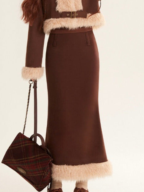 Splicing wool fur short jacket + long skirt