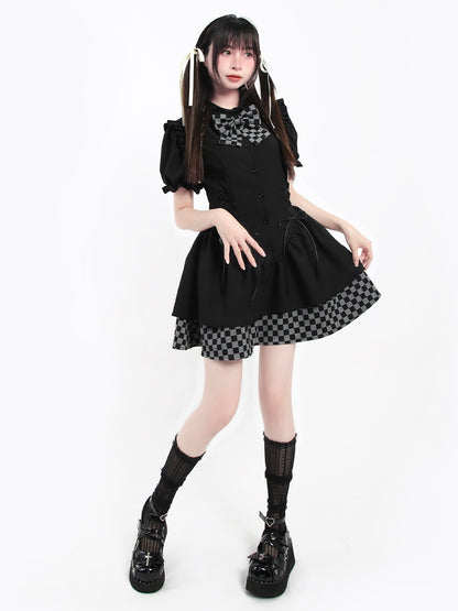 Puff Sleeve Check Ruffle Ribbon Dress