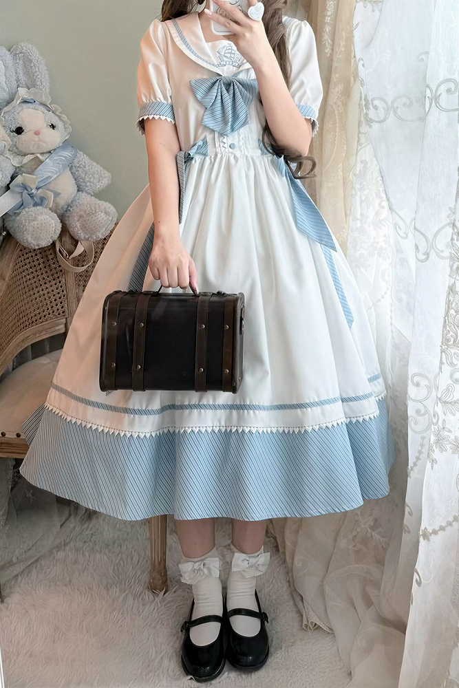 [Reservierungsschluss 28. Juni] 5 Farben/Sailor-Lolita-Streifenkleid mit Schleife und Puffärmeln