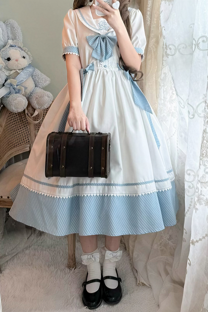 [Reservierungsschluss 28. Juni] 5 Farben/Sailor-Lolita-Streifenkleid mit Schleife und Puffärmeln