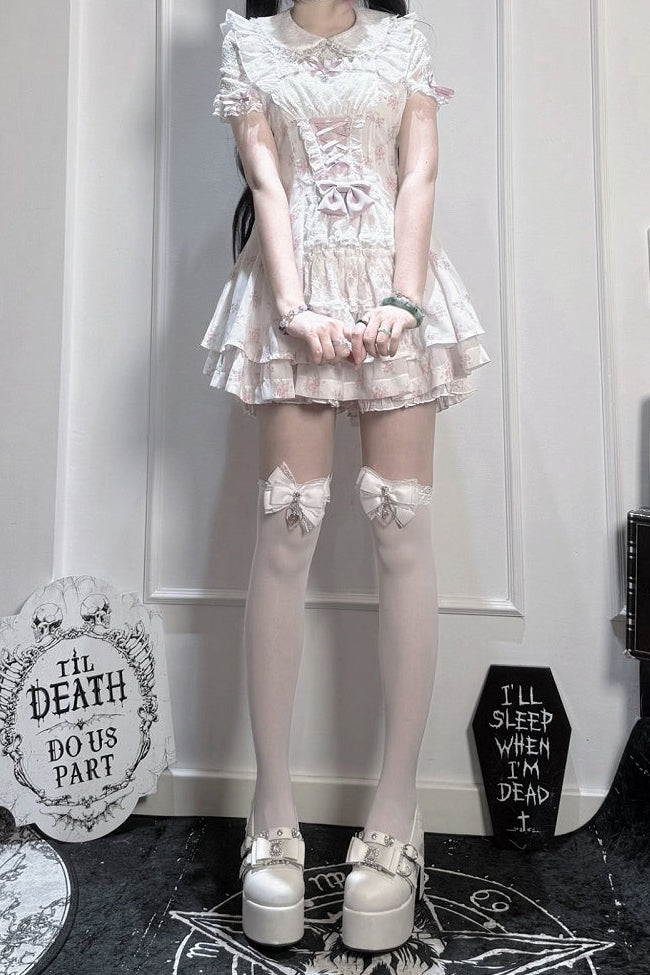 【9月2日予約締切】Romantic Pink Floral Layered Lace Dress＋Matching Shorts ＋ Bow Hairclips ＋ Bow Tie[Full set]