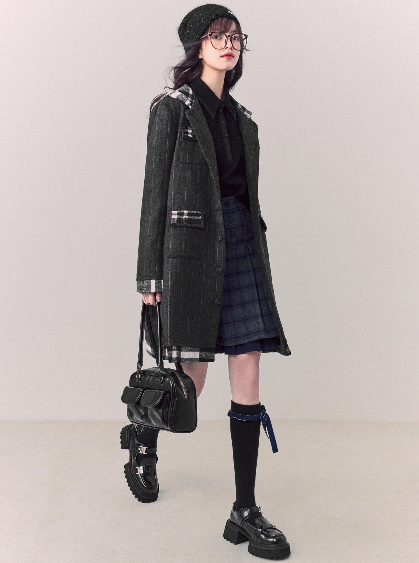 Check Hooded Wool Long Coat