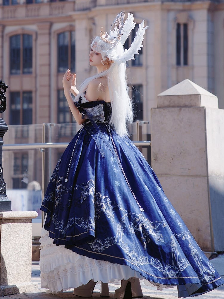 【5月3日予約締切】ダークブルーホワイトコルセットレースリボンロリータJKSプリンセスドレス＋コンプリートセット