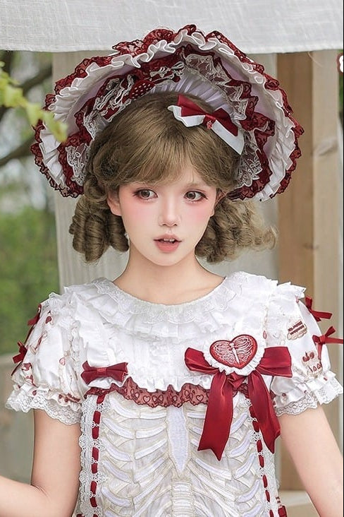 【11月4日予約締切】Strawberry Print Sweet Lolita And Gothic Lolita Series Accessories (Bonnet, Headband, Bone Embroidered Ribbon Brooch, Pair Of Ribbon Hair Clips)