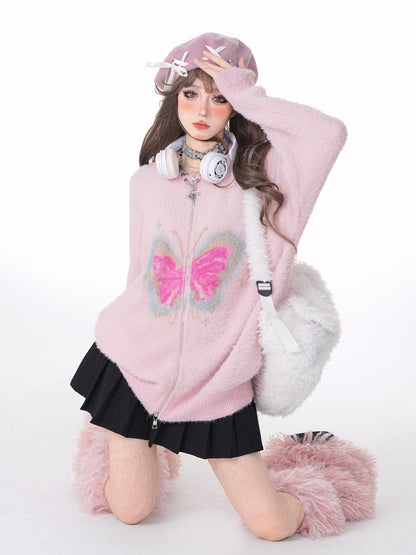 Butterfly Loose Zip Fur Knit